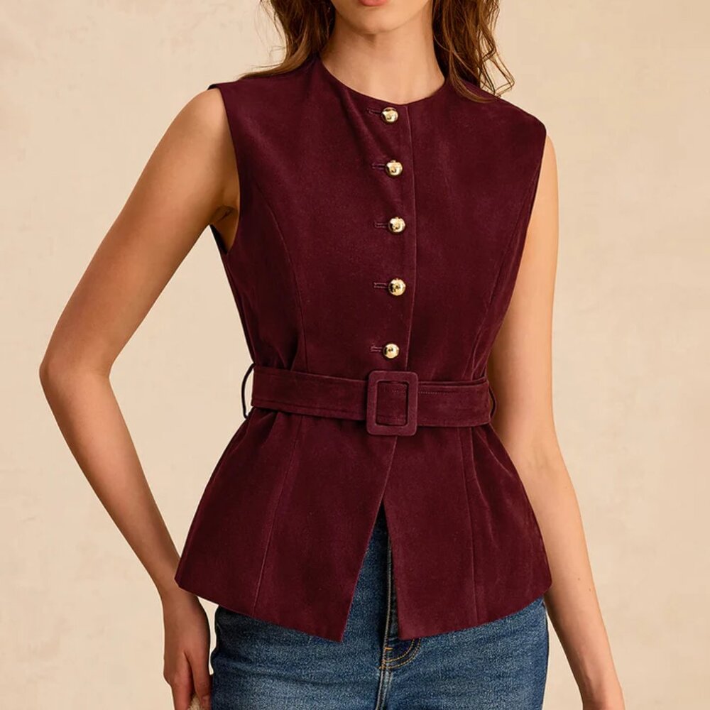 NWT Burgundy Faux Suede Button Down Vest with Belt